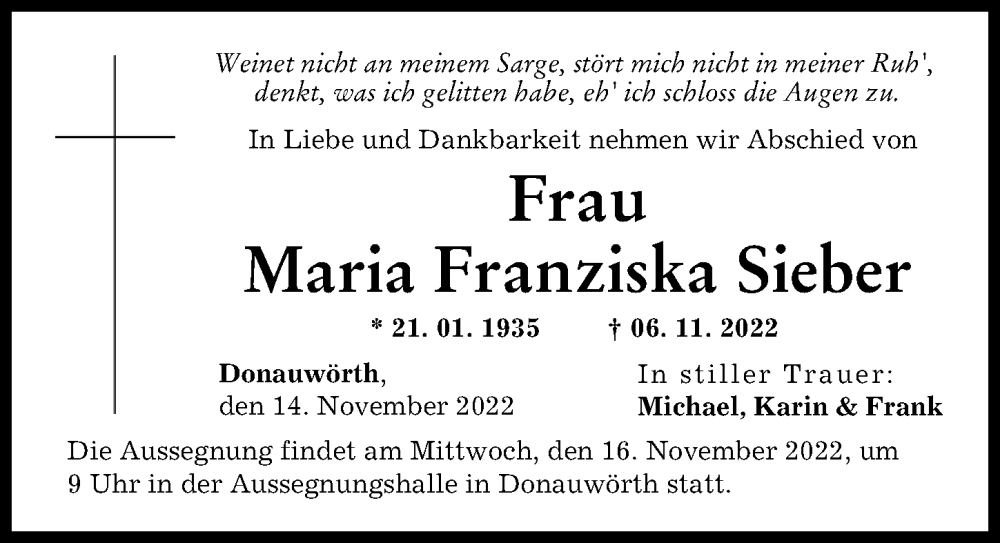 Traueranzeige von Maria Franziska Sieber von Donauwörther Zeitung