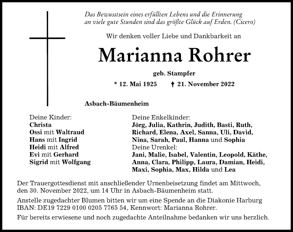  Traueranzeige für Marianna Rohrer vom 26.11.2022 aus Donauwörther Zeitung