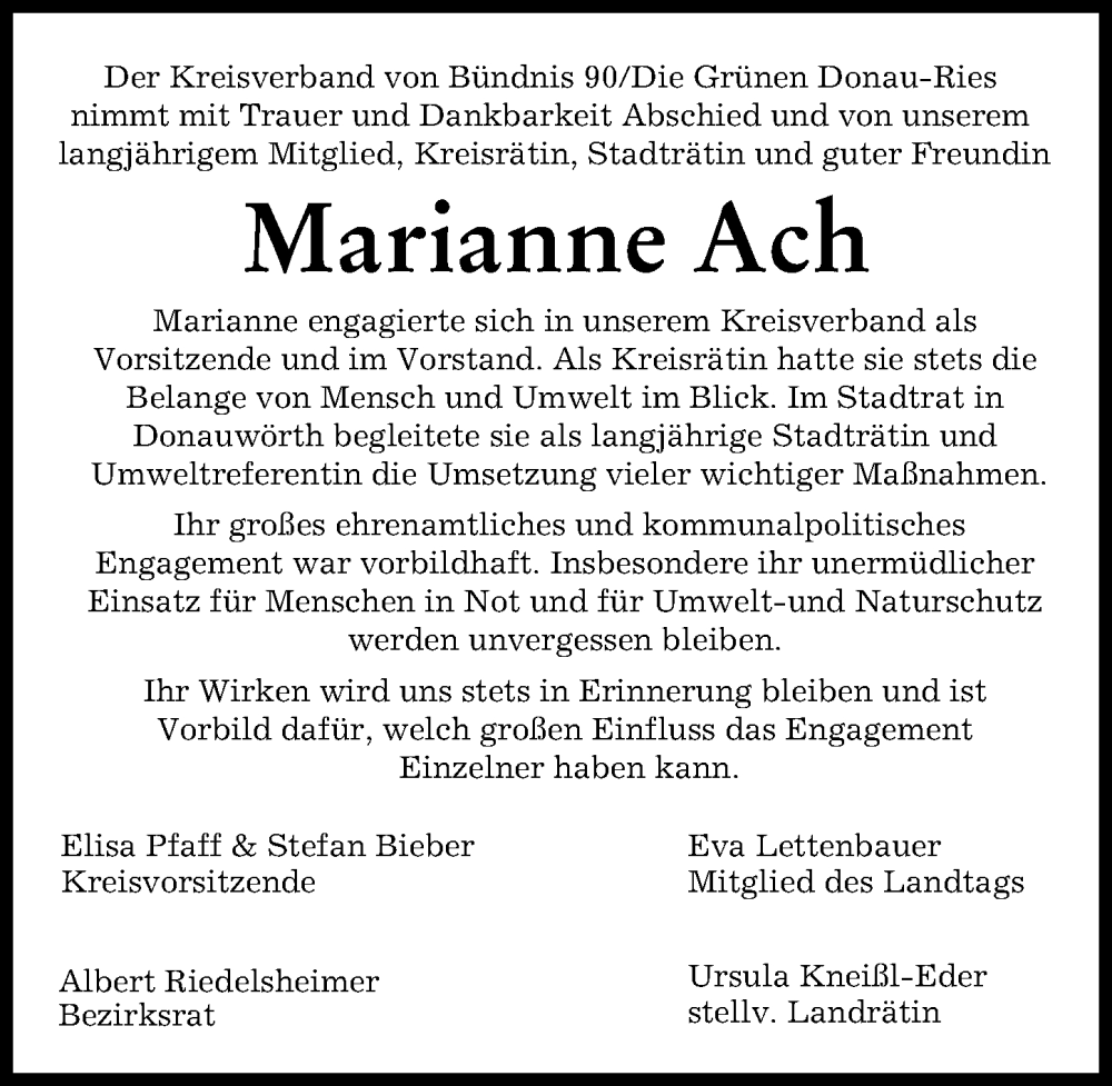  Traueranzeige für Marianne Ach vom 04.11.2022 aus Rieser Nachrichten