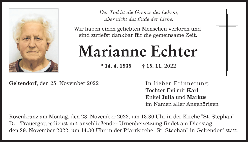  Traueranzeige für Marianne Echter vom 25.11.2022 aus Landsberger Tagblatt