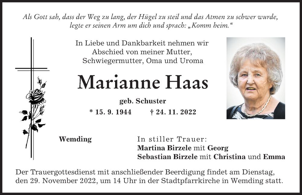  Traueranzeige für Marianne Haas vom 26.11.2022 aus Donauwörther Zeitung