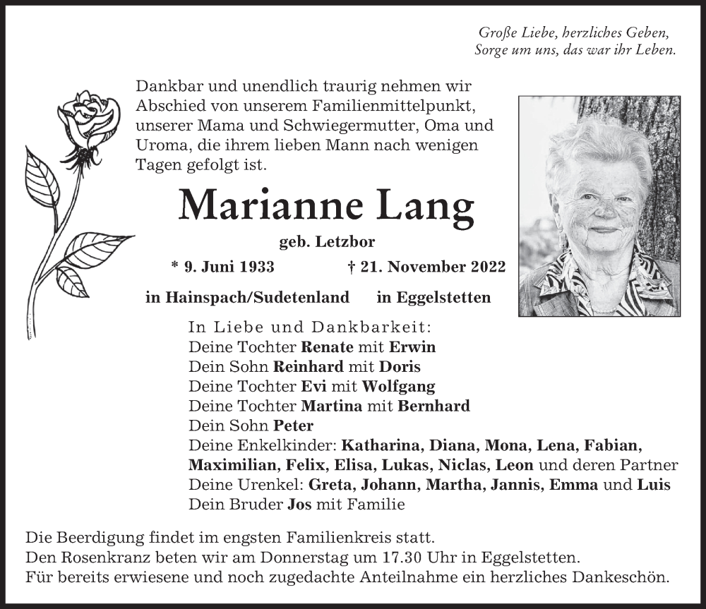  Traueranzeige für Marianne Lang vom 23.11.2022 aus Donauwörther Zeitung