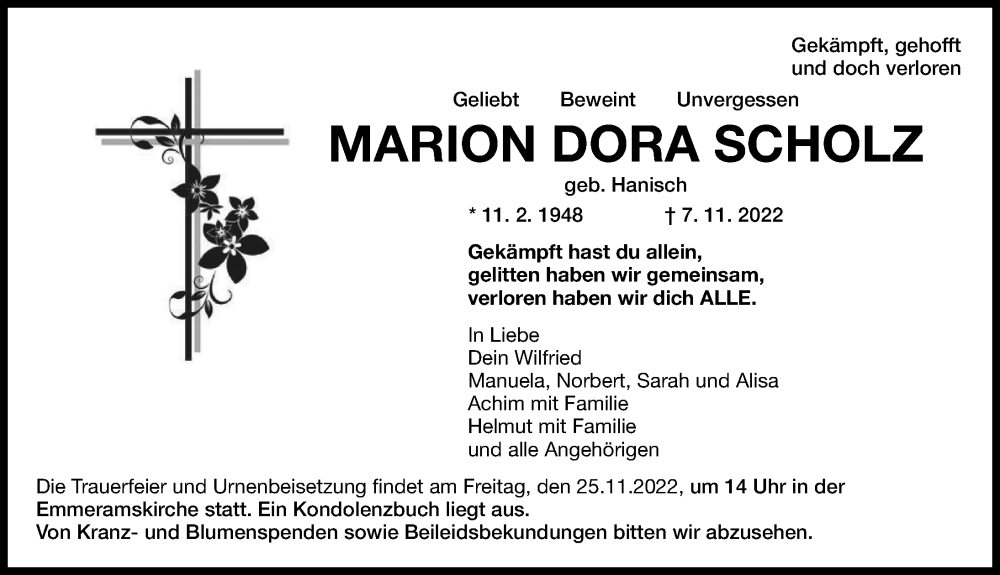  Traueranzeige für Marion Dora Scholz vom 21.11.2022 aus Rieser Nachrichten