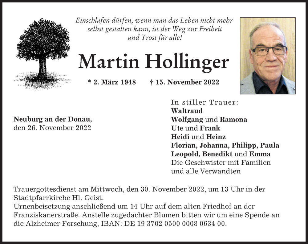  Traueranzeige für Martin Hollinger vom 26.11.2022 aus Neuburger Rundschau