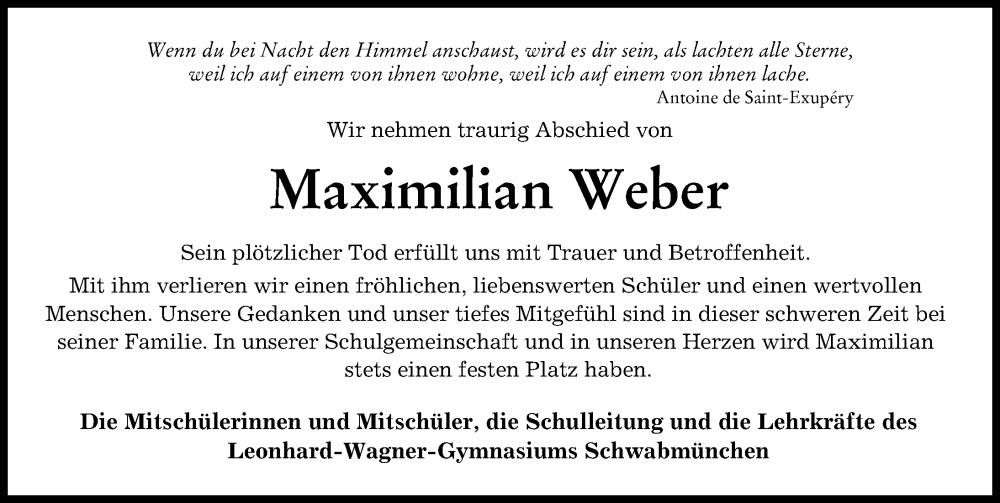  Traueranzeige für Maximilian Weber vom 25.11.2022 aus Schwabmünchner Allgemeine