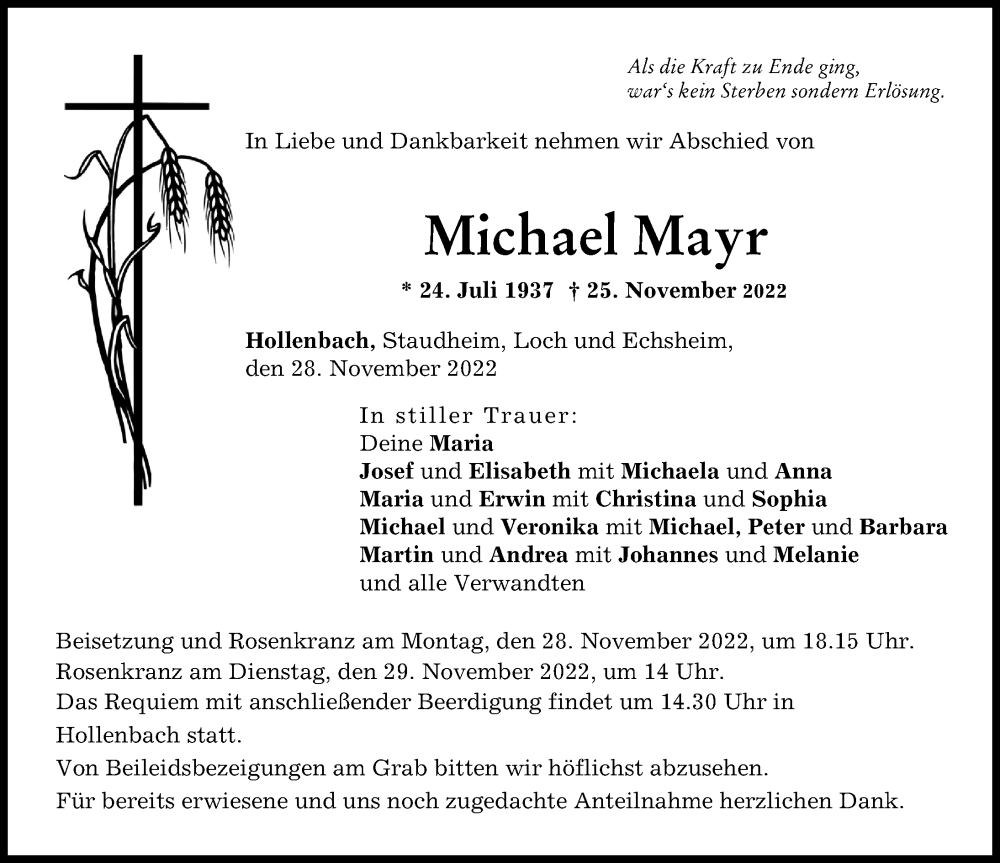  Traueranzeige für Michael Mayr vom 28.11.2022 aus Neuburger Rundschau