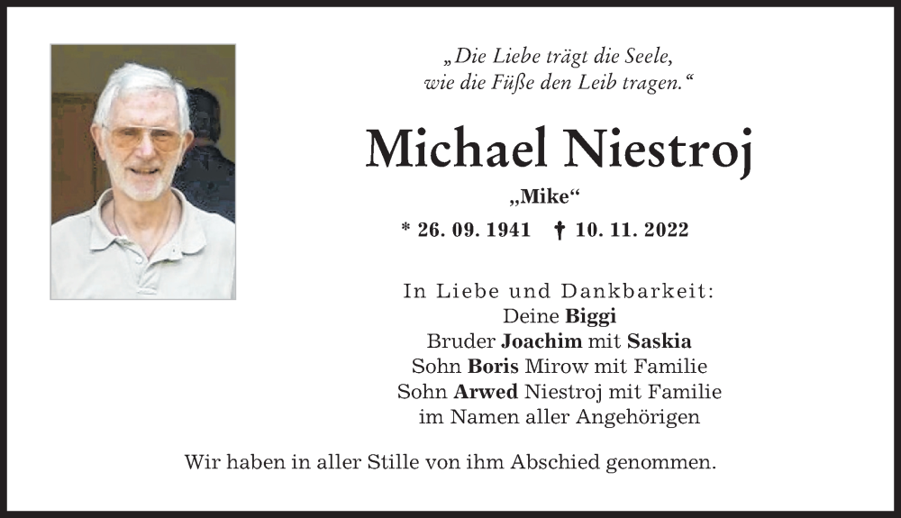  Traueranzeige für Michael Niestroj vom 26.11.2022 aus Landsberger Tagblatt