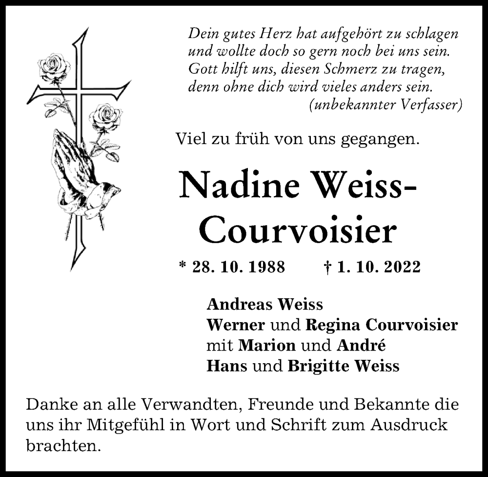  Traueranzeige für Nadine Weiss-Courvoisier vom 23.11.2022 aus Schwabmünchner Allgemeine