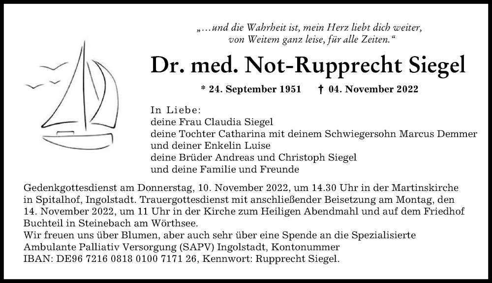  Traueranzeige für Not-Rupprecht Siegel vom 09.11.2022 aus Neuburger Rundschau
