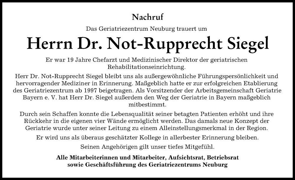  Traueranzeige für Not-Rupprecht Siegel vom 09.11.2022 aus Neuburger Rundschau