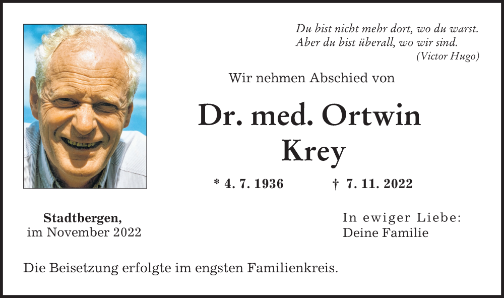  Traueranzeige für Ortwin Krey vom 26.11.2022 aus Augsburger Allgemeine