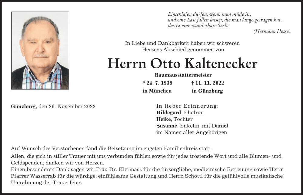  Traueranzeige für Otto Kaltenecker vom 26.11.2022 aus Günzburger Zeitung