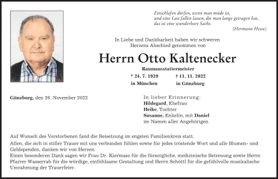 Traueranzeige von Otto Kaltenecker von Günzburger Zeitung