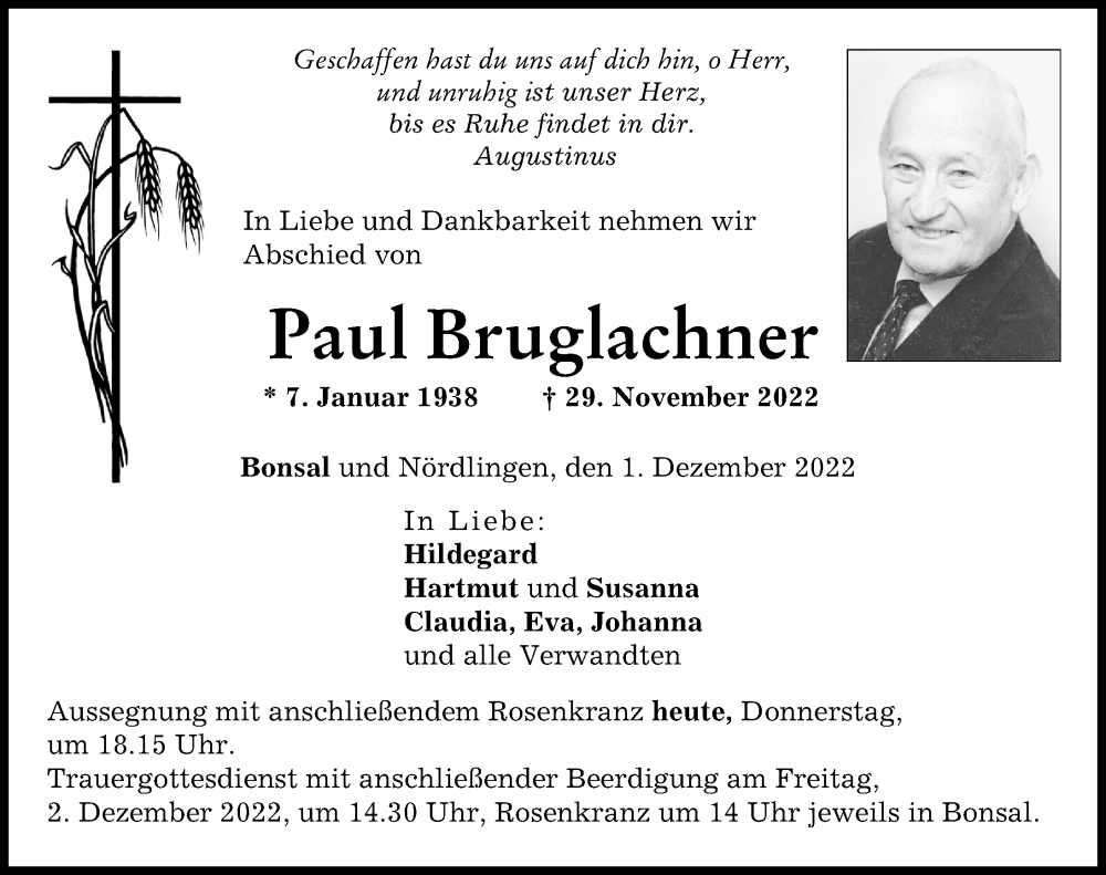 Traueranzeige von Paul Bruglachner von Augsburger Allgemeine, Neuburger Rundschau