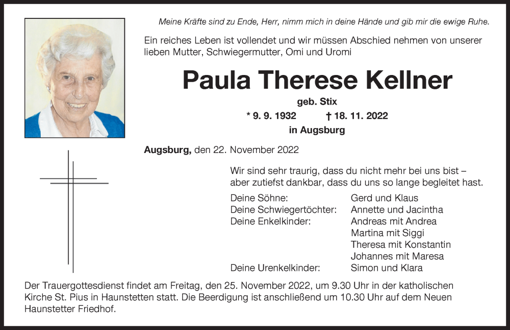  Traueranzeige für Paula Therese Kellner vom 22.11.2022 aus Augsburger Allgemeine