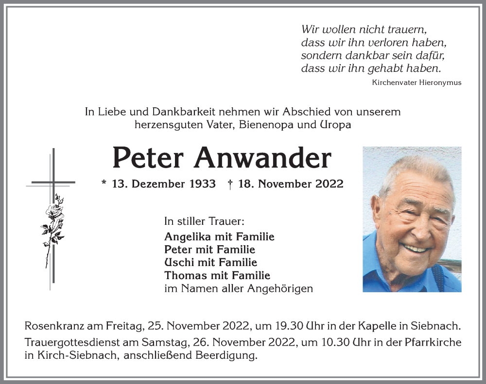  Traueranzeige für Peter Anwander vom 23.11.2022 aus Mindelheimer Zeitung