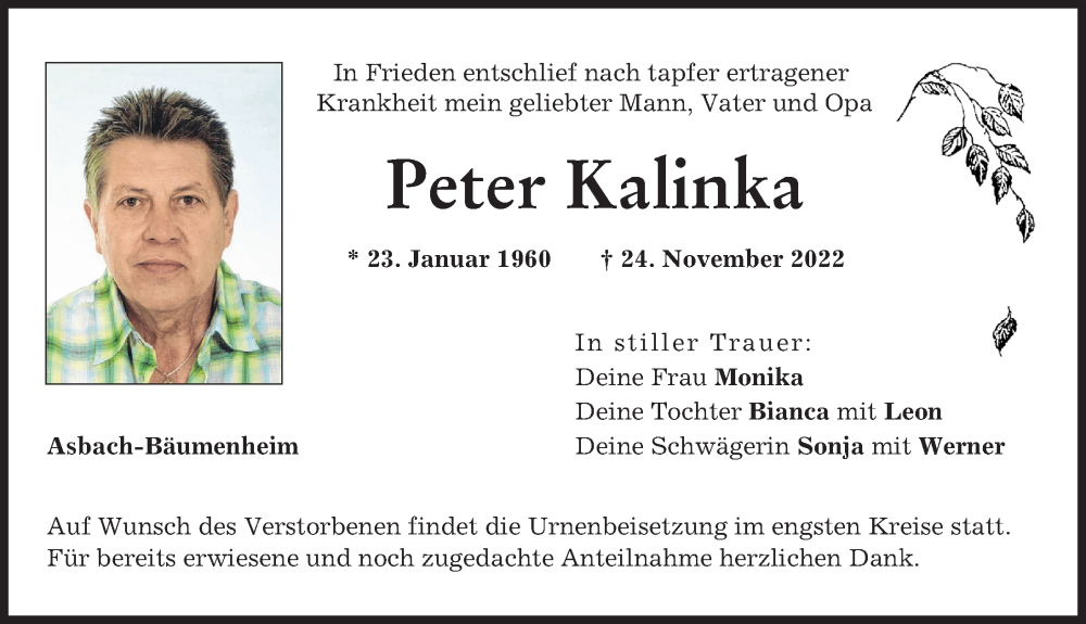  Traueranzeige für Peter Kalinka vom 26.11.2022 aus Donauwörther Zeitung