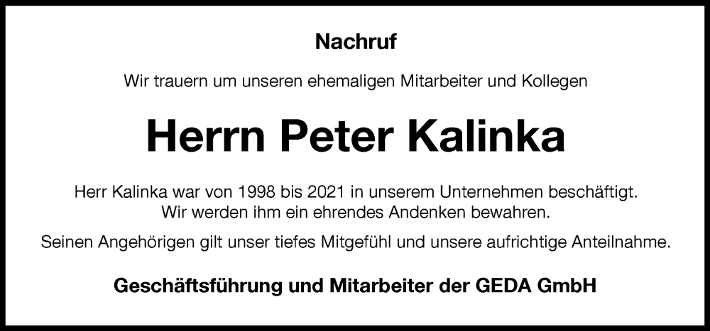  Traueranzeige für Peter Kalinka vom 01.12.2022 aus Donauwörther Zeitung