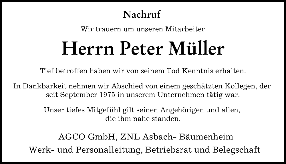 Traueranzeige von Peter Müller von Donauwörther Zeitung