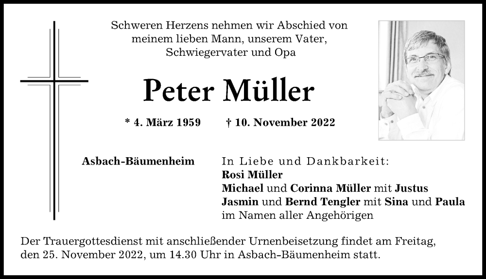  Traueranzeige für Peter Müller vom 22.11.2022 aus Donauwörther Zeitung