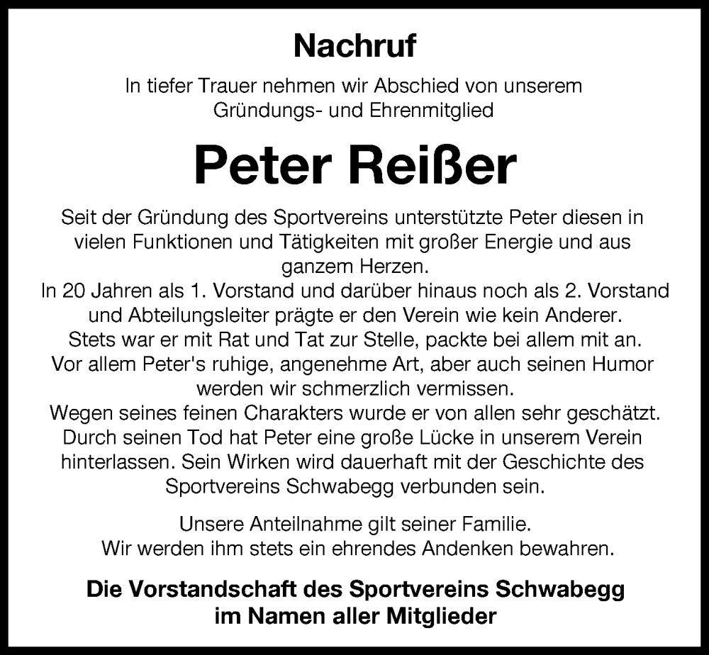  Traueranzeige für Peter Reißer vom 29.11.2022 aus Schwabmünchner Allgemeine