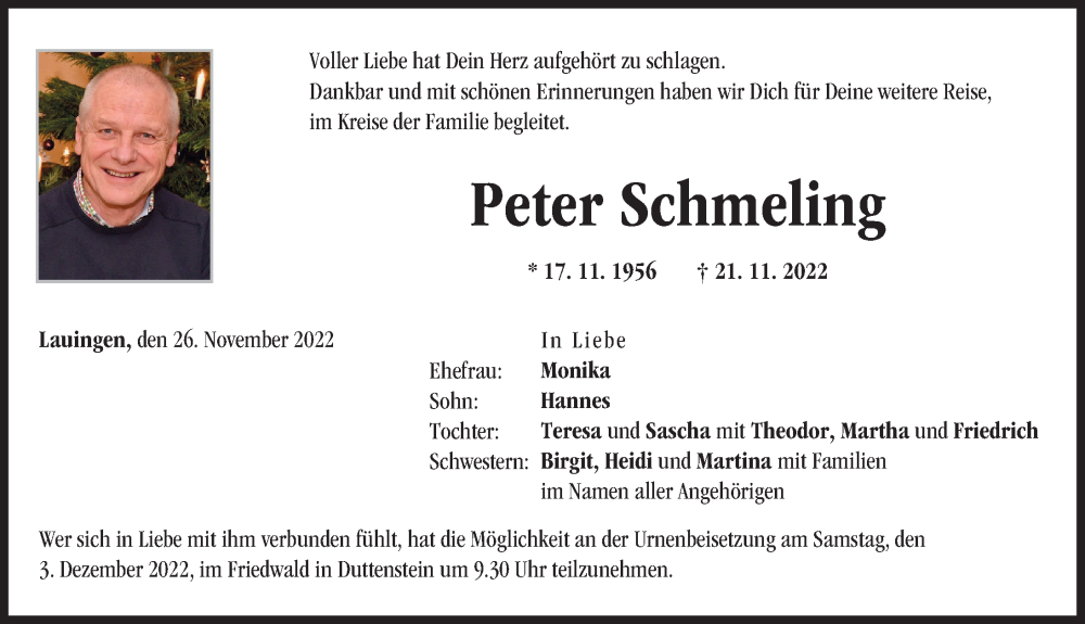  Traueranzeige für Peter Schmeling vom 26.11.2022 aus Donau Zeitung