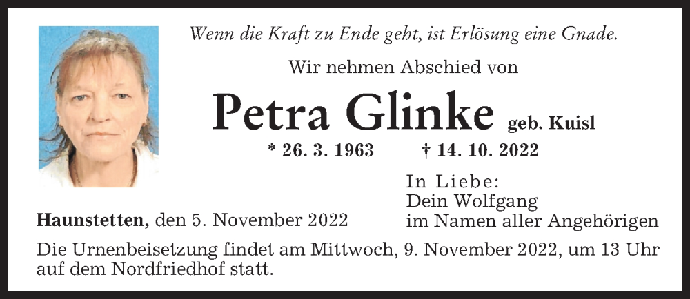 Traueranzeige von Petra Glinke von Augsburger Allgemeine