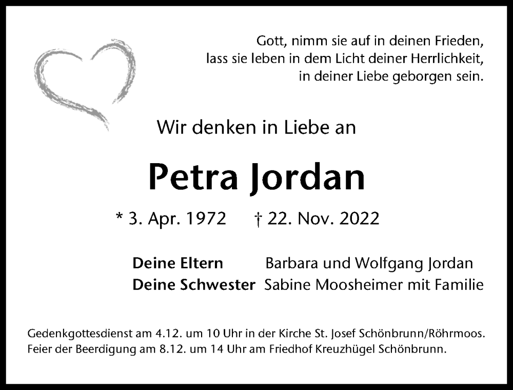  Traueranzeige für Petra Jordan vom 29.11.2022 aus Neuburger Rundschau