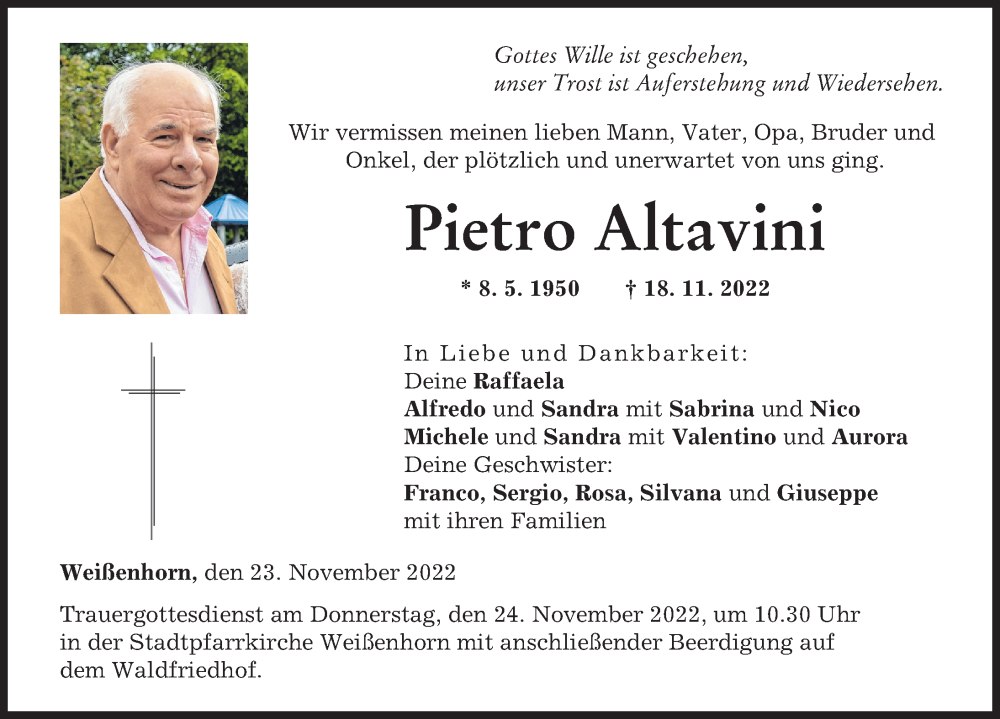  Traueranzeige für Pietro Altavini vom 23.11.2022 aus Neu-Ulmer Zeitung
