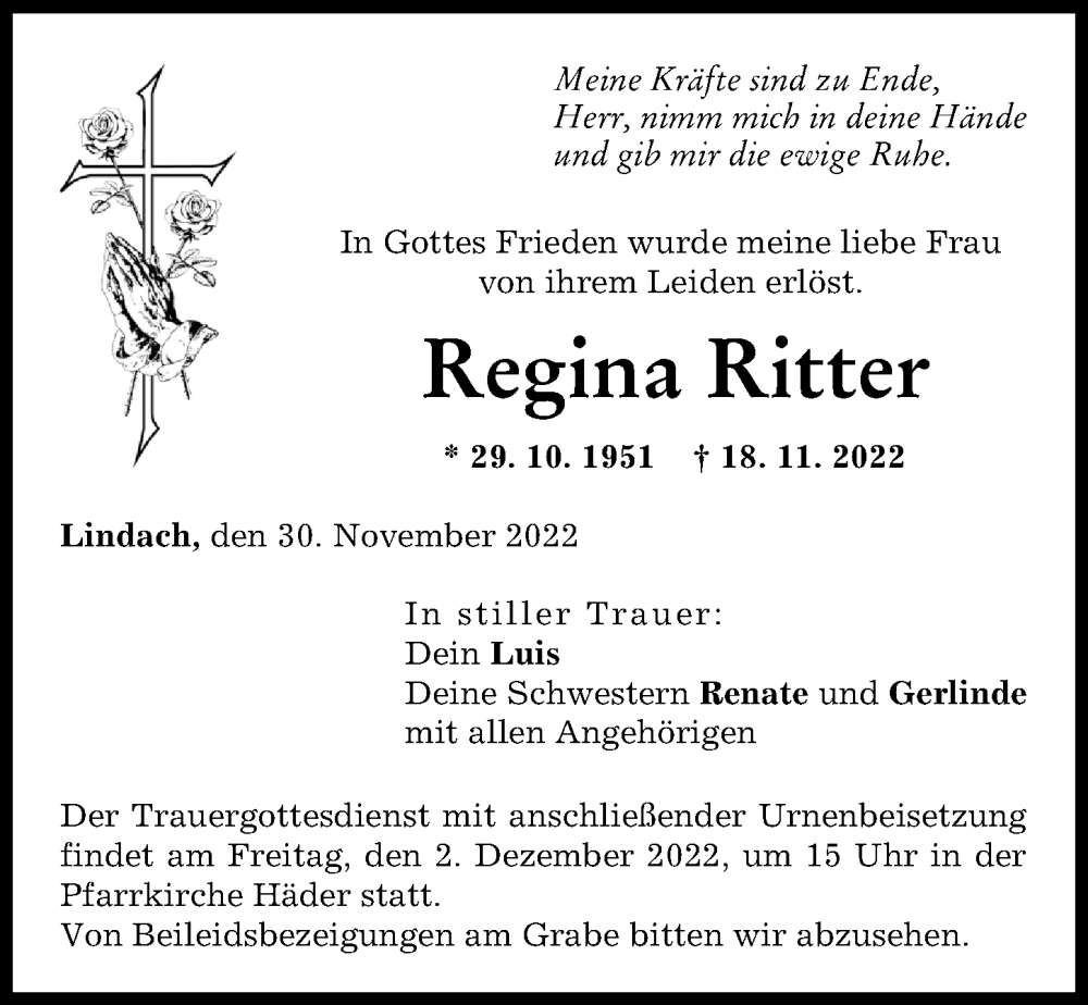 Traueranzeige von Regina Ritter von Augsburg-Land