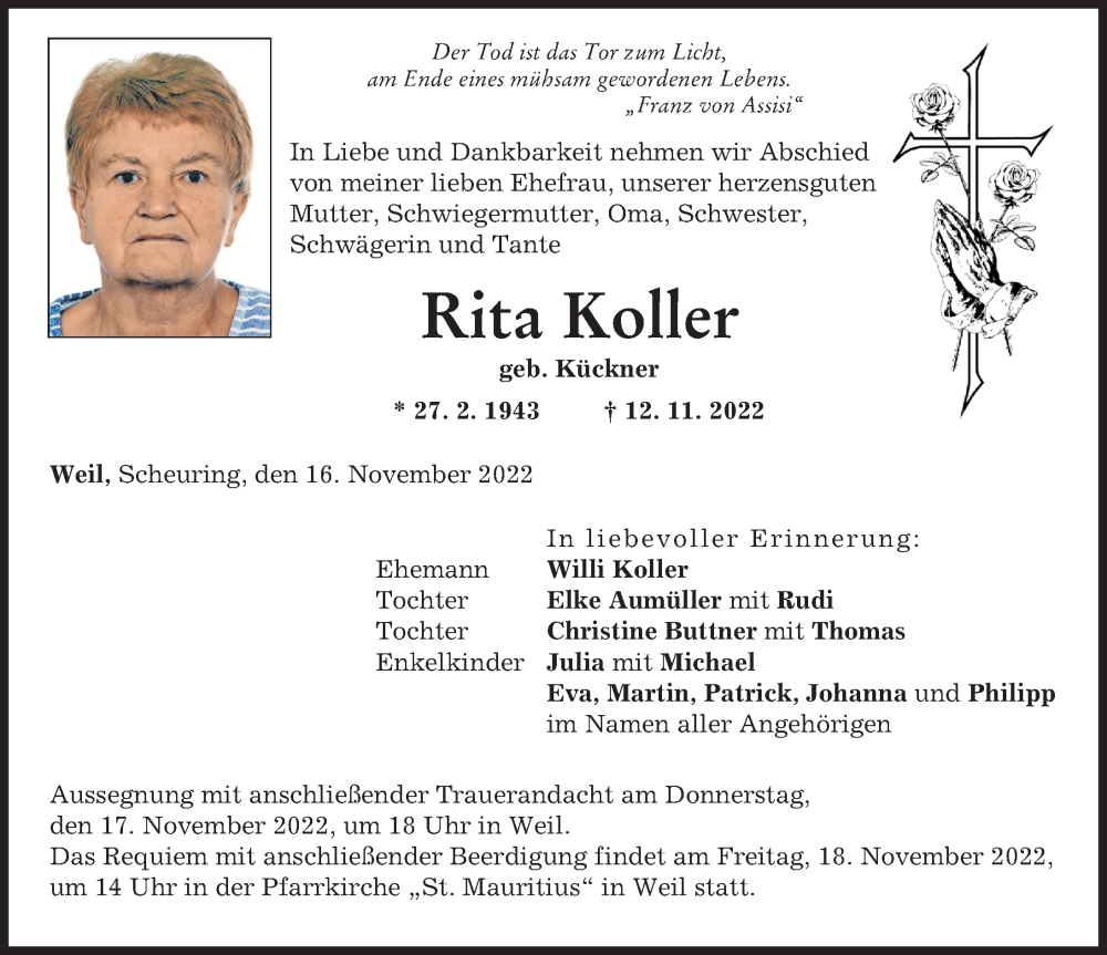 Traueranzeigen Von Rita Koller Augsburger Allgemeine Zeitung