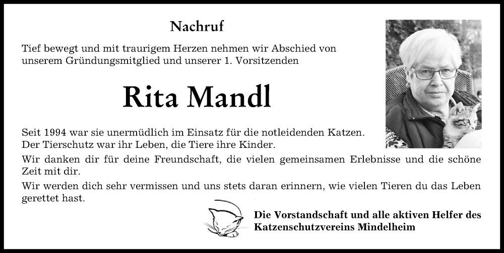  Traueranzeige für Rita Mandl vom 05.11.2022 aus Mindelheimer Zeitung