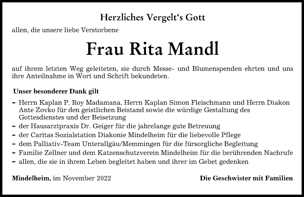 Traueranzeige von Rita Mandl von Mindelheimer Zeitung