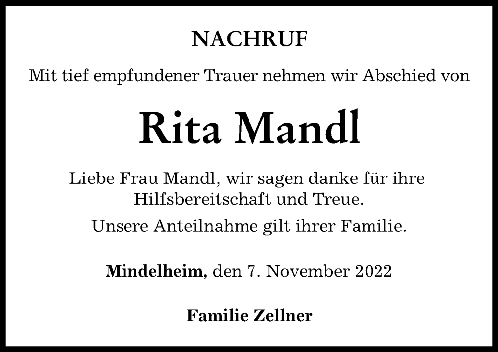 Traueranzeige von Rita Mandl von Mindelheimer Zeitung