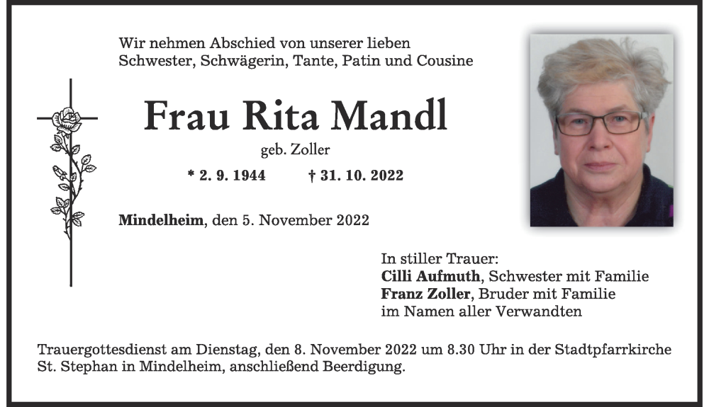  Traueranzeige für Rita Mandl vom 05.11.2022 aus Mindelheimer Zeitung