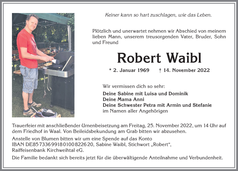  Traueranzeige für Robert Waibl vom 19.11.2022 aus Landsberger Tagblatt, Augsburger Allgemeine