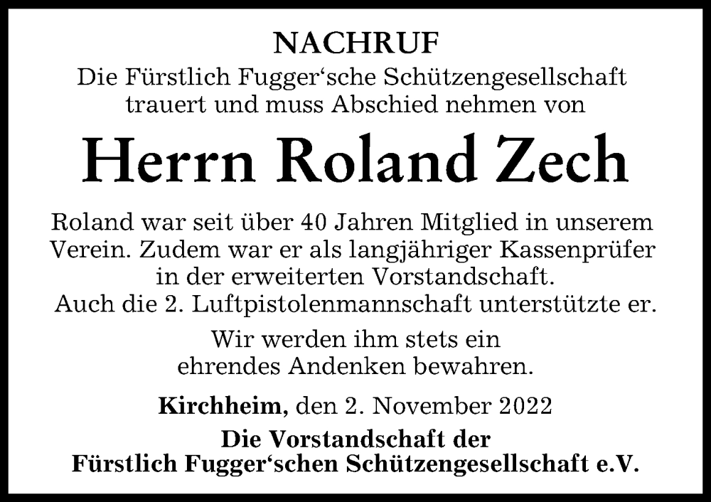 Traueranzeige von Roland Zech von Mindelheimer Zeitung