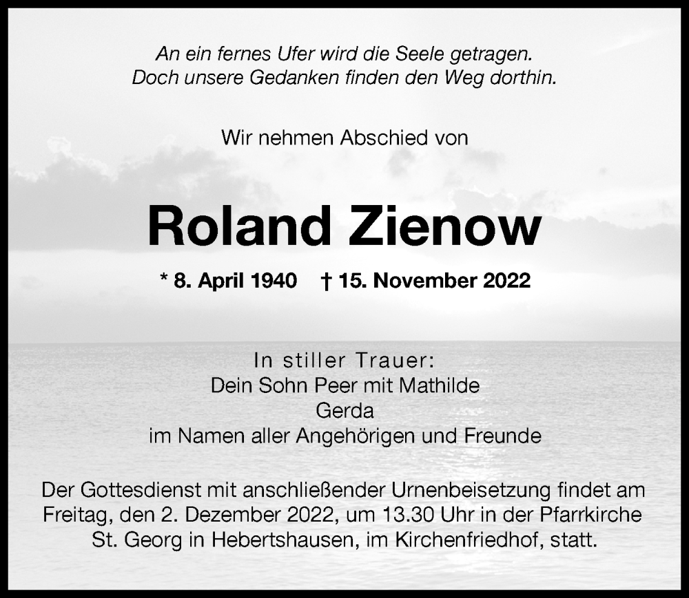  Traueranzeige für Roland Zienow vom 26.11.2022 aus Augsburger Allgemeine