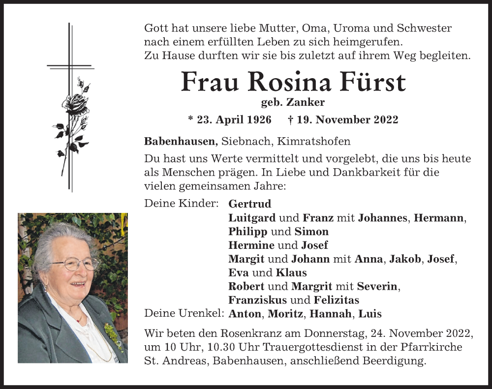  Traueranzeige für Rosina Fürst vom 22.11.2022 aus Illertisser Zeitung