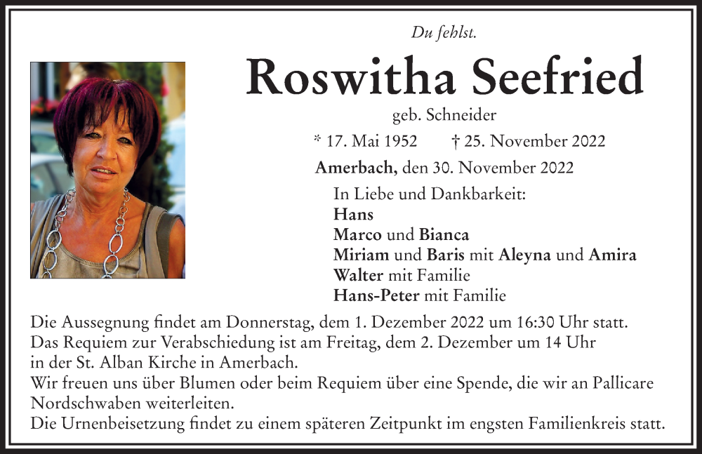  Traueranzeige für Roswitha Seefried vom 30.11.2022 aus Donauwörther Zeitung, Rieser Nachrichten