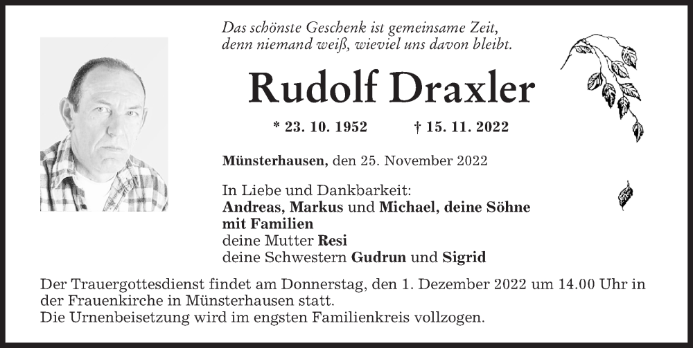 Traueranzeige von Rudolf Draxler von Mittelschwäbische Nachrichten