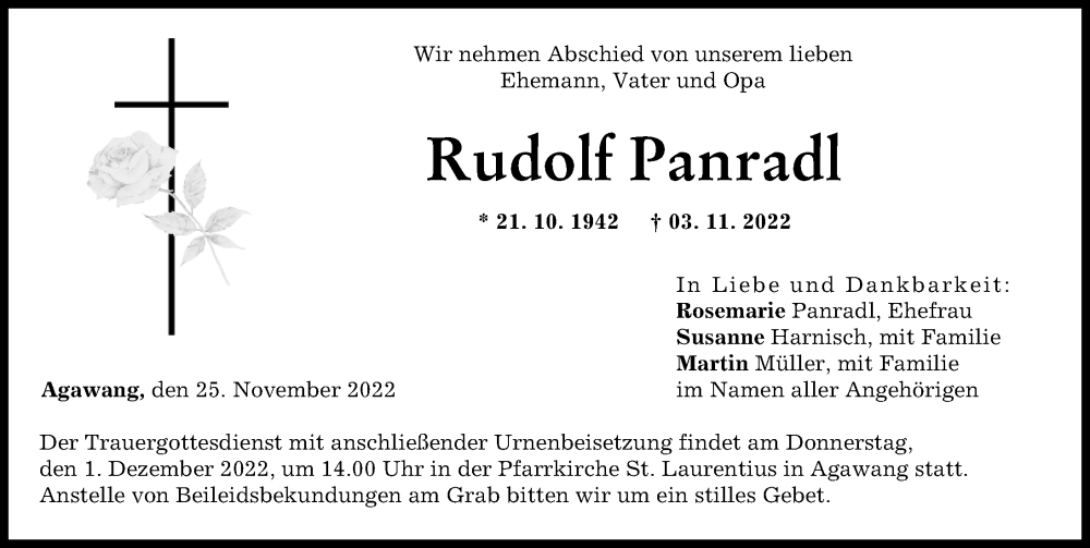  Traueranzeige für Rudolf Panradl vom 25.11.2022 aus Augsburg-Land