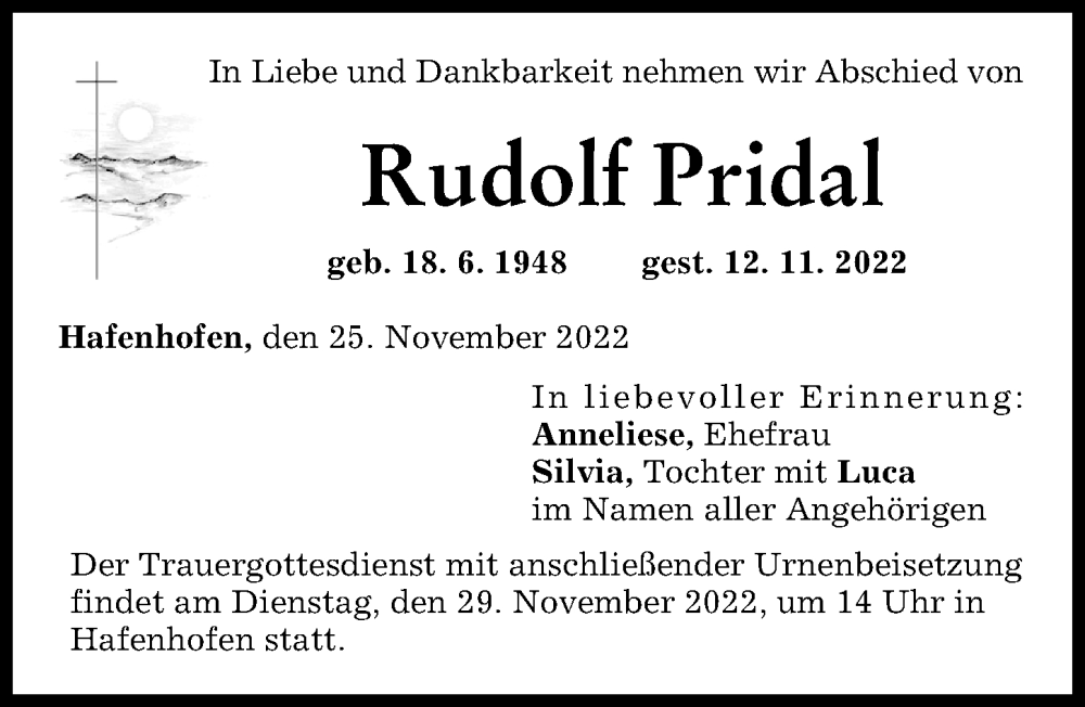  Traueranzeige für Rudolf Pridal vom 25.11.2022 aus Günzburger Zeitung