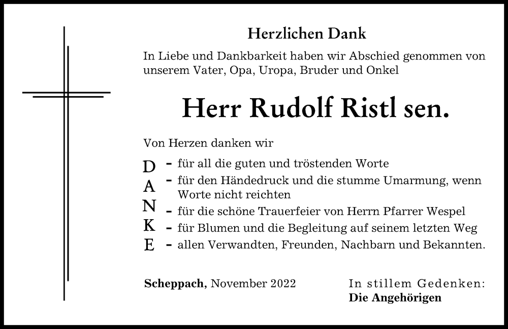 Traueranzeige von Rudolf Ristl von Günzburger Zeitung
