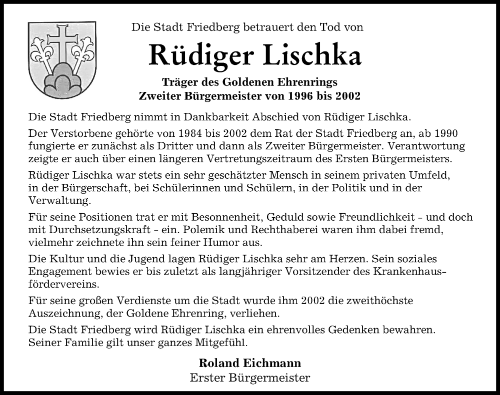  Traueranzeige für Rüdiger Lischka vom 26.11.2022 aus Friedberger Allgemeine