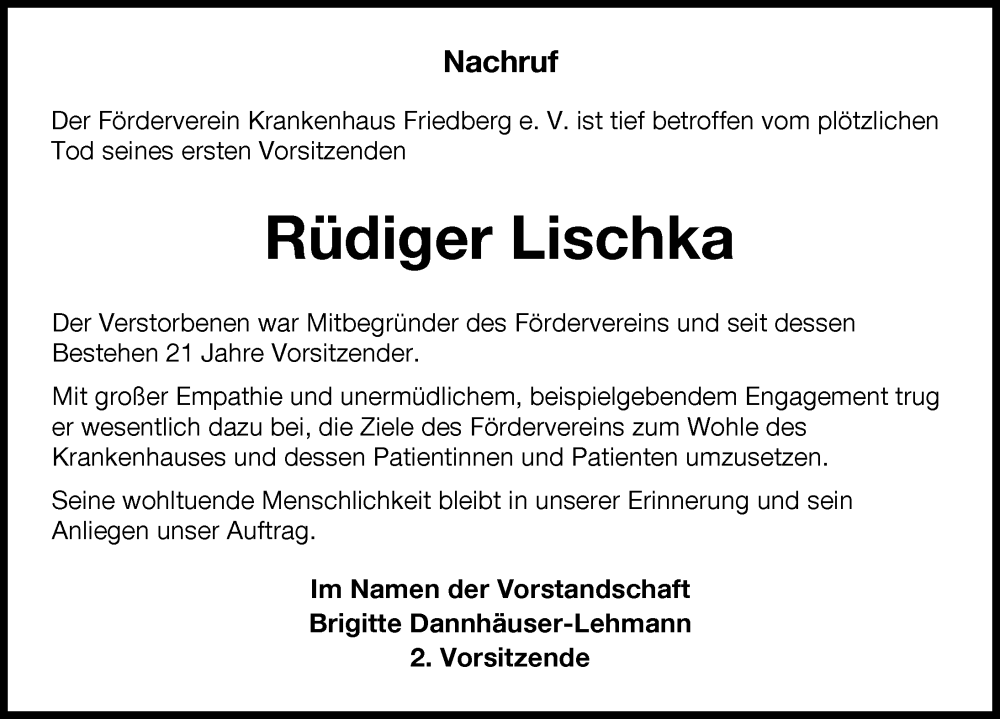 Traueranzeige von Rüdiger Lischka von Friedberger Allgemeine