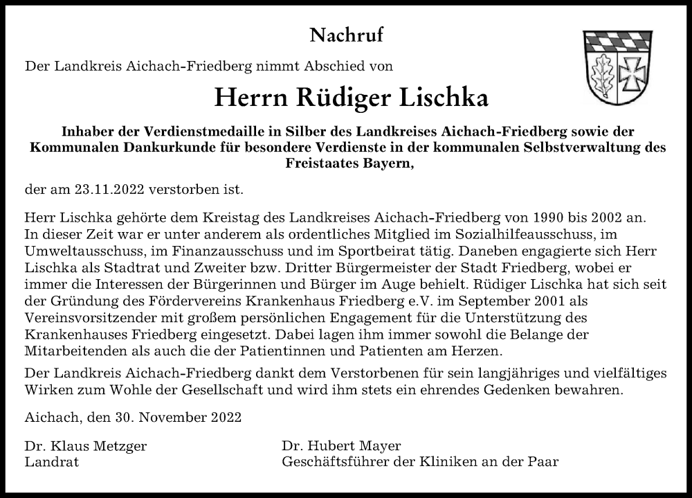  Traueranzeige für Rüdiger Lischka vom 30.11.2022 aus Friedberger Allgemeine