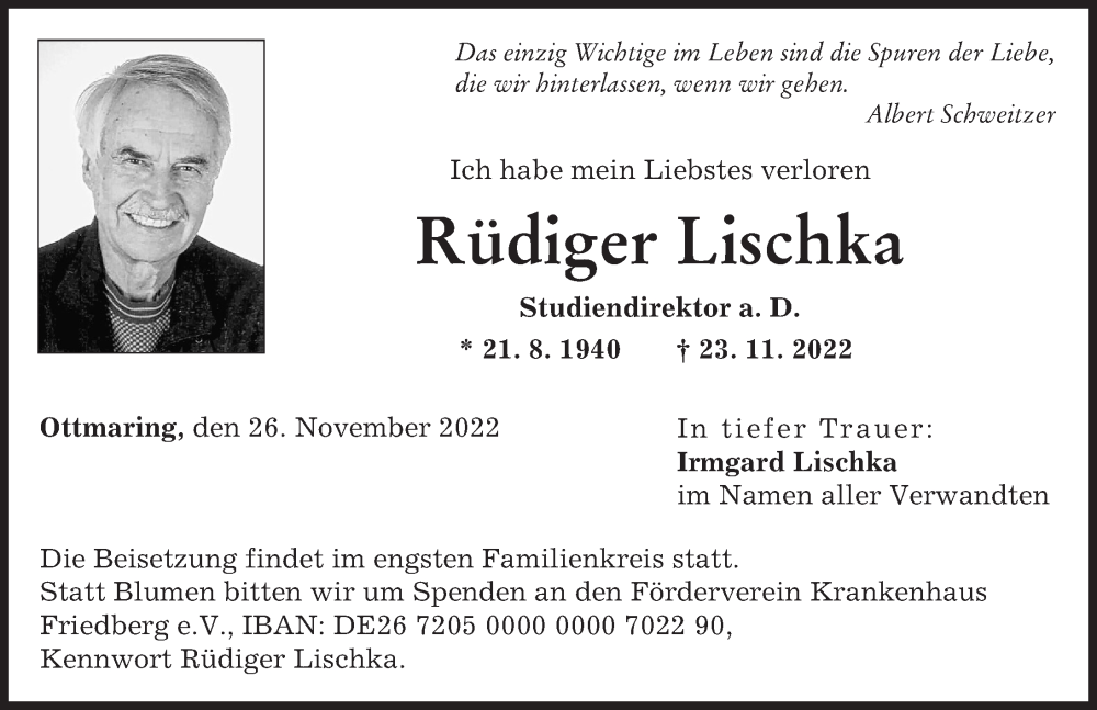  Traueranzeige für Rüdiger Lischka vom 26.11.2022 aus Friedberger Allgemeine