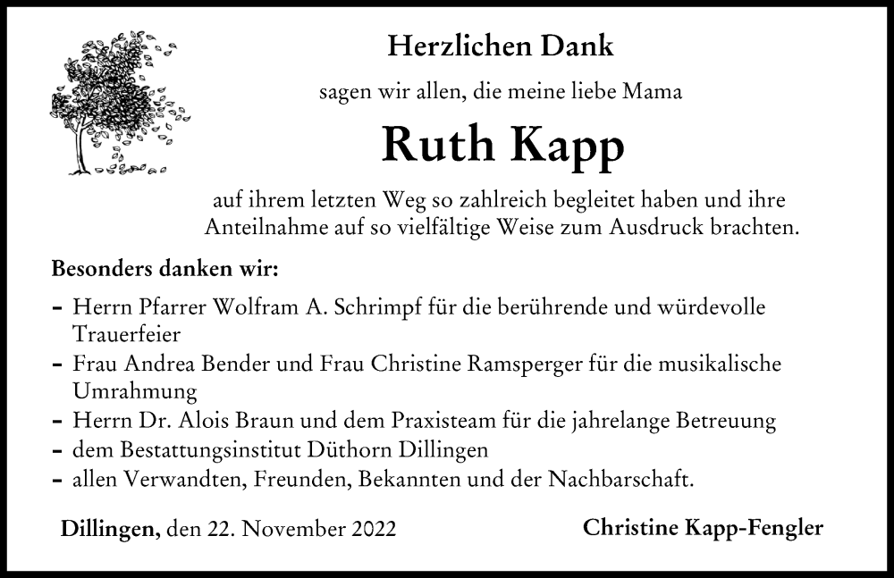  Traueranzeige für Ruth Kapp vom 22.11.2022 aus Donau Zeitung