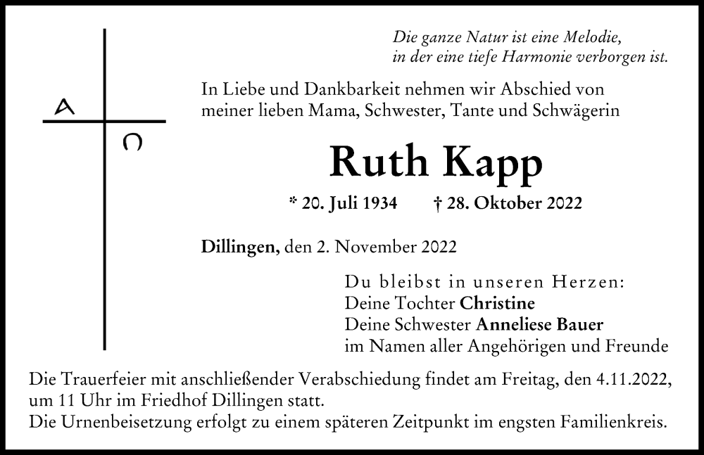 Traueranzeige von Ruth Kapp von Donau Zeitung